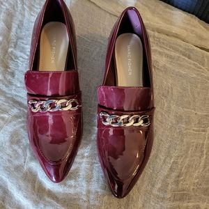 Burgundy loafer with silver chain and 1 1/2 inch heel